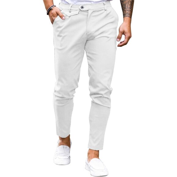 🆕 Men White Slim Fit Pants Flat Front Stretch Skinny Tapered Casual Trousers - Picture 1 of 5